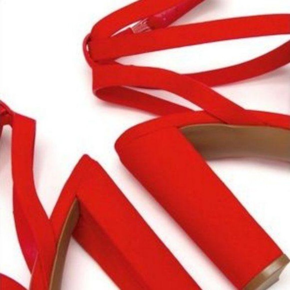 Strappy Faux Suede Block Heels in Red - Picture 4 of 9